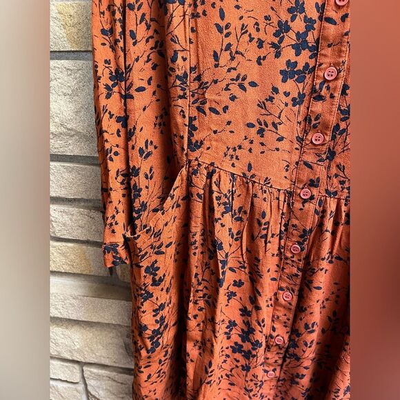Garnet Hill Shirtdress Floral Print Drop Waist Pockets Rust Navy 12 - Picture 4 of 11